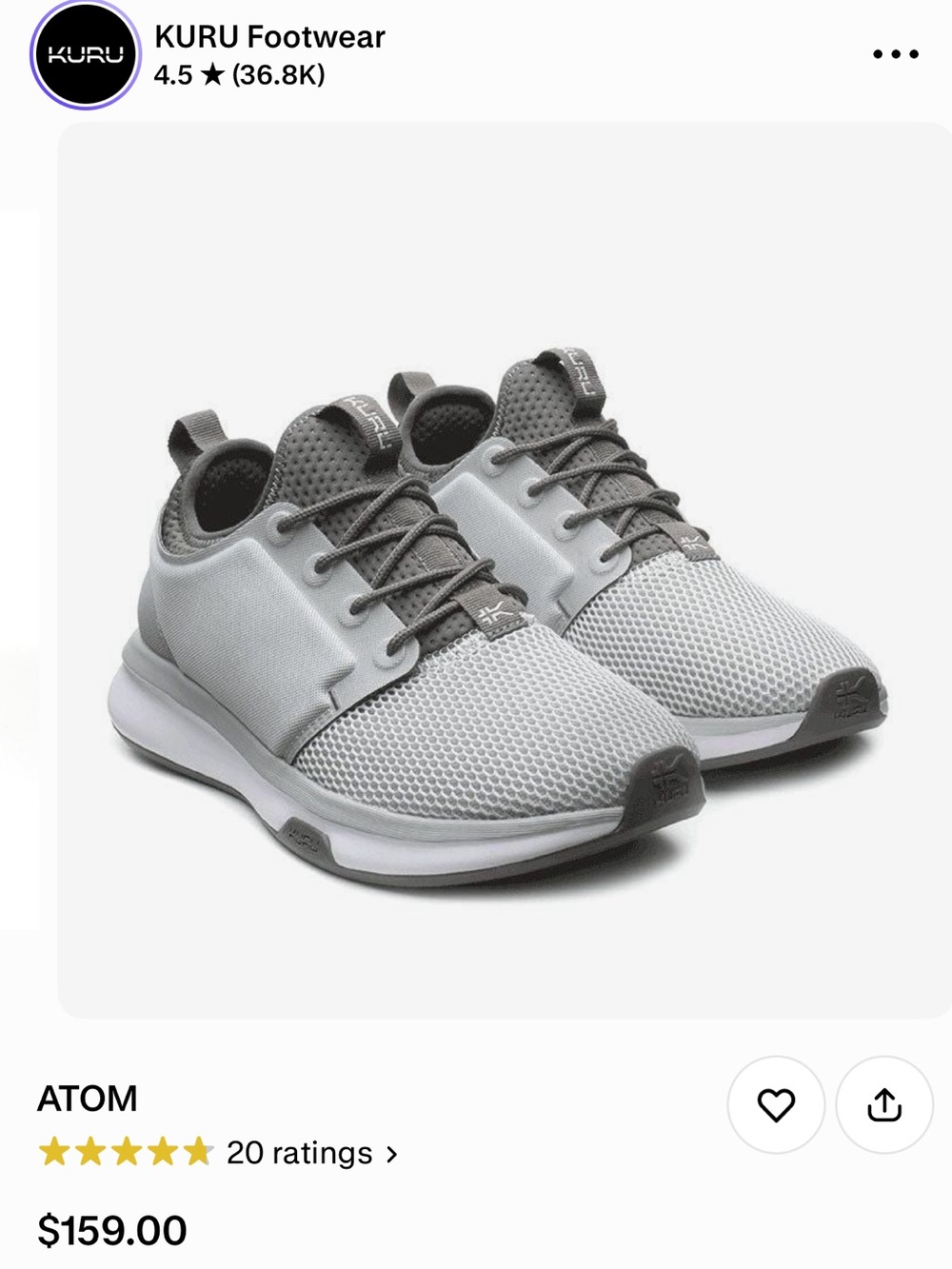 Women’s KURU Atom Cloud Sneakers Mesh Lace-Up Light Gray size 8 Wide